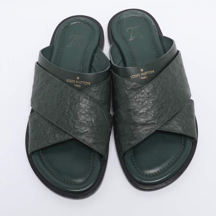 Pre Owned Louis Vuitton Green Ostrich Leather Slide Sandals 41