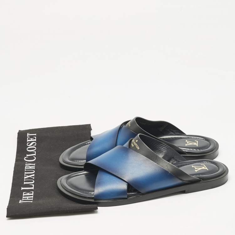 Pre Owned Louis Vuitton Blue/Black Ombre Leather Foch Slides Size 42
