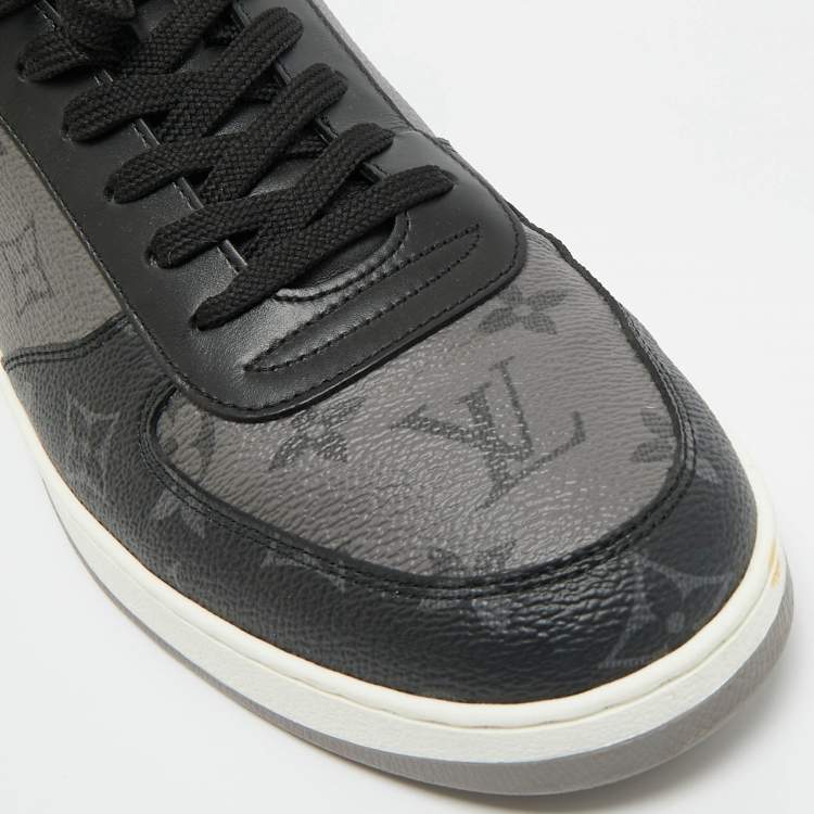 Pre Owned Louis Vuitton Grey/Black Monogram Canvas and Leather Rivoli Lace Up Sneakers  Size 42.5
