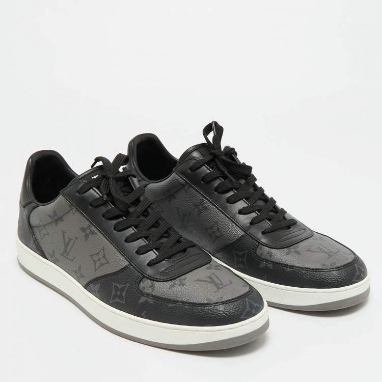 Pre Owned Louis Vuitton Grey/Black Monogram Canvas and Leather Rivoli Lace Up Sneakers  Size 42.5