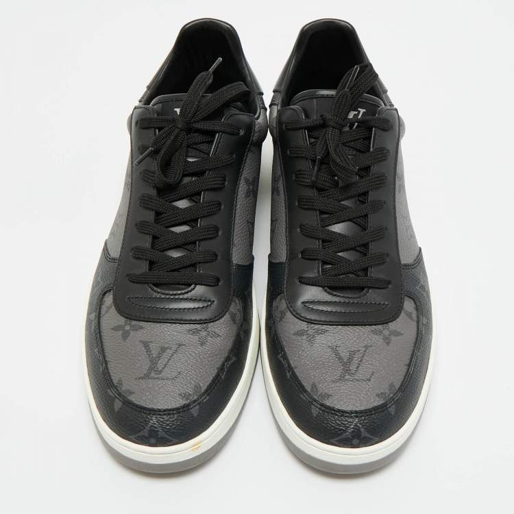 Pre Owned Louis Vuitton Grey/Black Monogram Canvas and Leather Rivoli Lace Up Sneakers  Size 42.5