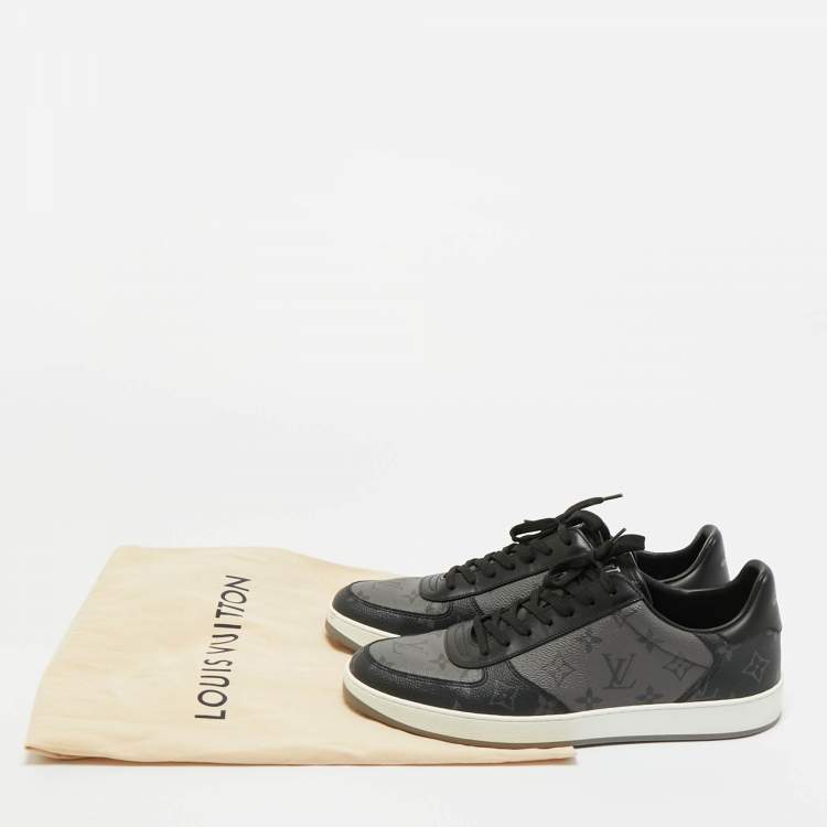 Pre Owned Louis Vuitton Grey/Black Monogram Canvas and Leather Rivoli Lace Up Sneakers  Size 42.5