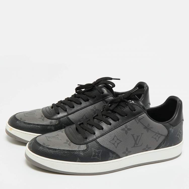 Pre Owned Louis Vuitton Grey/Black Monogram Canvas and Leather Rivoli Lace Up Sneakers  Size 42.5