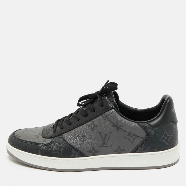 Pre Owned Louis Vuitton Grey/Black Monogram Canvas and Leather Rivoli Lace Up Sneakers  Size 42.5