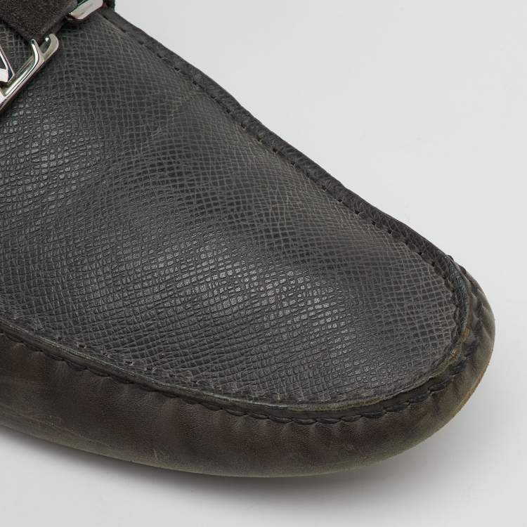 Pre Owned Louis Vuitton Dark Grey Leather and Suede Hockenheim Loafers Size 44