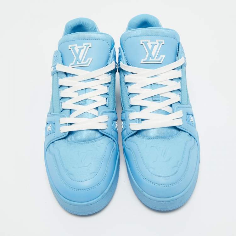 Pre Owned Louis Vuitton Blue Fabric and Leather LV Trainer Low Top Sneakers Size 42