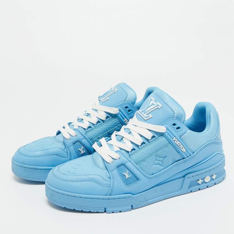 Pre Owned Louis Vuitton Blue Fabric and Leather LV Trainer Low Top Sneakers Size 42