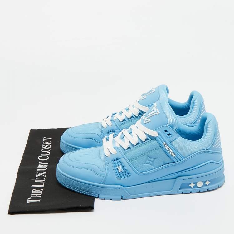 Pre Owned Louis Vuitton Blue Fabric and Leather LV Trainer Low Top Sneakers Size 42
