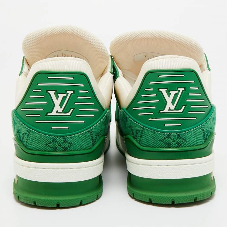Pre Owned Louis Vuitton Green/White Denim and Leather LV Trainer Lace Up Sneakers Size 41.5