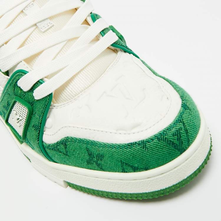 Pre Owned Louis Vuitton Green/White Denim and Leather LV Trainer Lace Up Sneakers Size 41.5