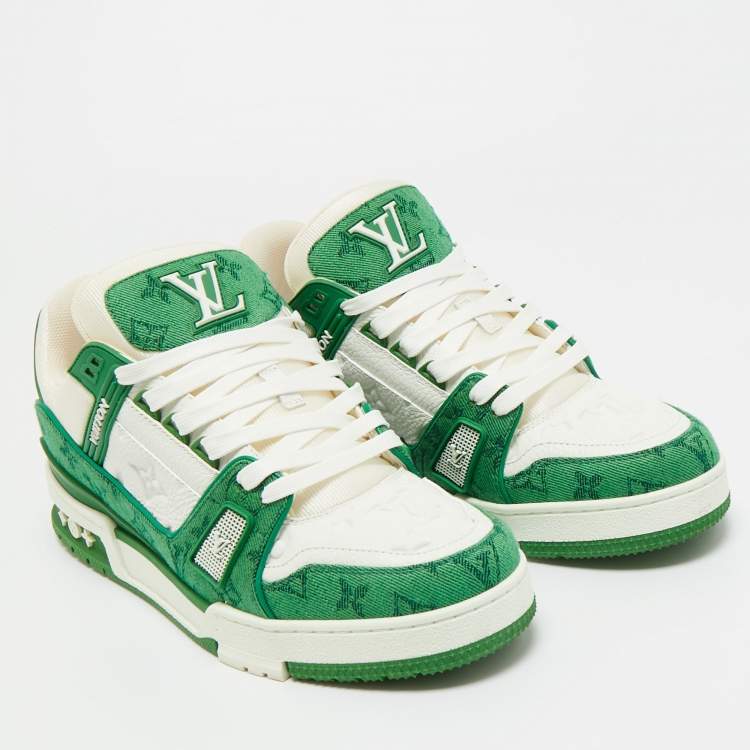 Pre Owned Louis Vuitton Green/White Denim and Leather LV Trainer Lace Up Sneakers Size 41.5