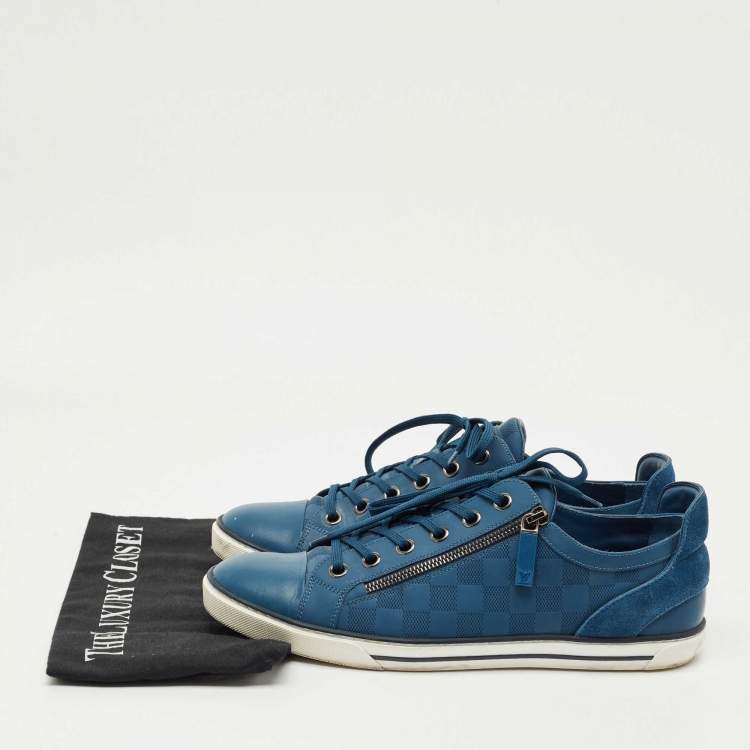 Pre Owned Louis Vuitton Blue Damier Embossed Leather and Suede Challenge Zip Up Sneakers Size 43