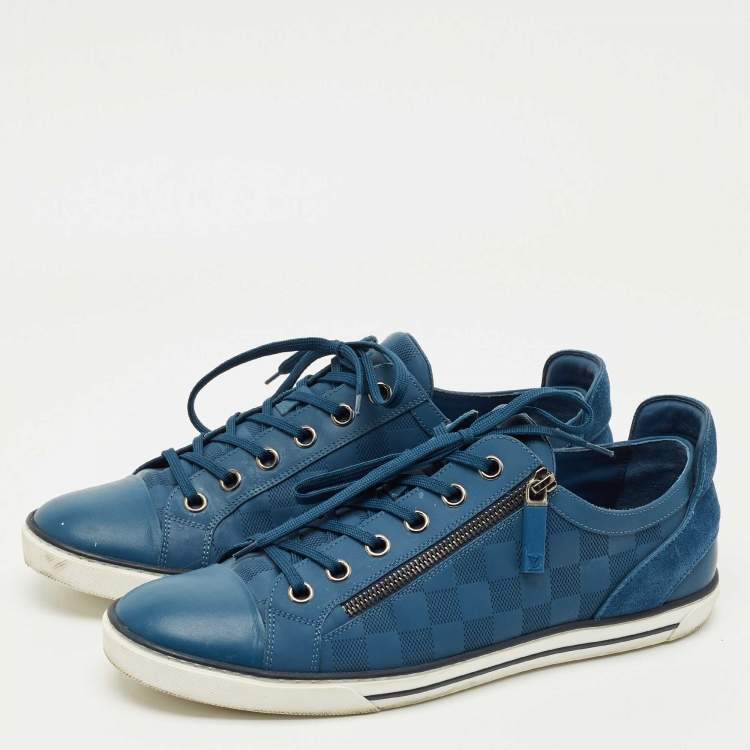 Pre Owned Louis Vuitton Blue Damier Embossed Leather and Suede Challenge Zip Up Sneakers Size 43