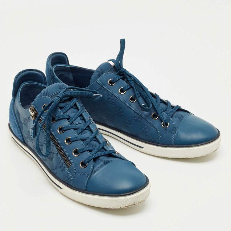 Pre Owned Louis Vuitton Blue Damier Embossed Leather and Suede Challenge Zip Up Sneakers Size 43
