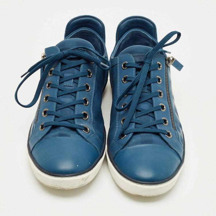 Pre Owned Louis Vuitton Blue Damier Embossed Leather and Suede Challenge Zip Up Sneakers Size 43