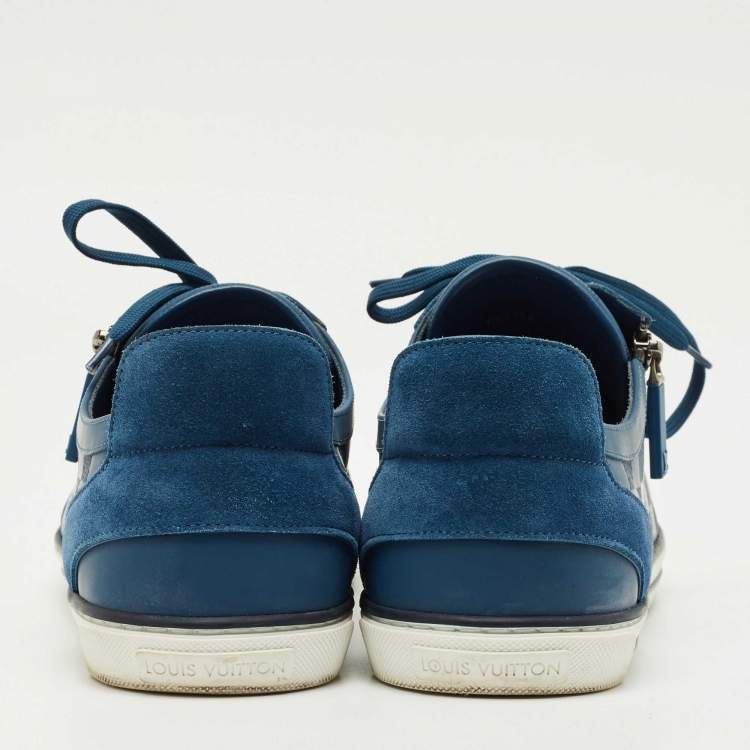 Pre Owned Louis Vuitton Blue Damier Embossed Leather and Suede Challenge Zip Up Sneakers Size 43