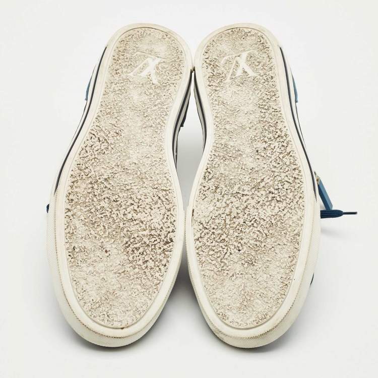 Pre Owned Louis Vuitton Blue Damier Embossed Leather and Suede Challenge Zip Up Sneakers Size 43