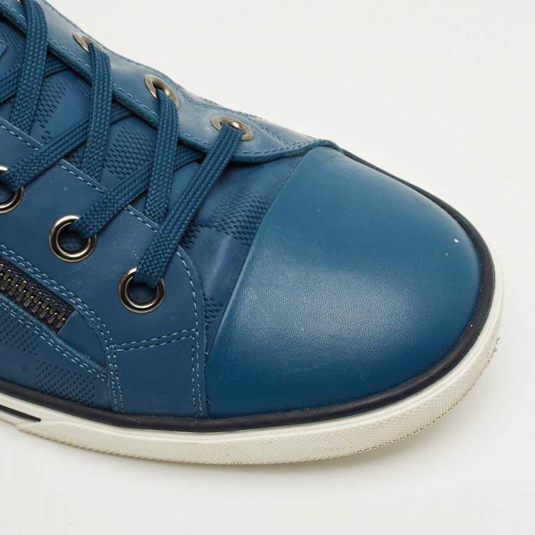 Pre Owned Louis Vuitton Blue Damier Embossed Leather and Suede Challenge Zip Up Sneakers Size 43