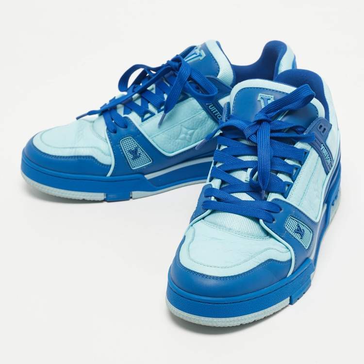 Pre Owned Louis Vuitton Blue Fabric and Monogram Leather LV Trainer Sneakers Size 41.5