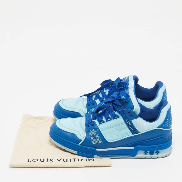 Pre Owned Louis Vuitton Blue Fabric and Monogram Leather LV Trainer Sneakers Size 41.5