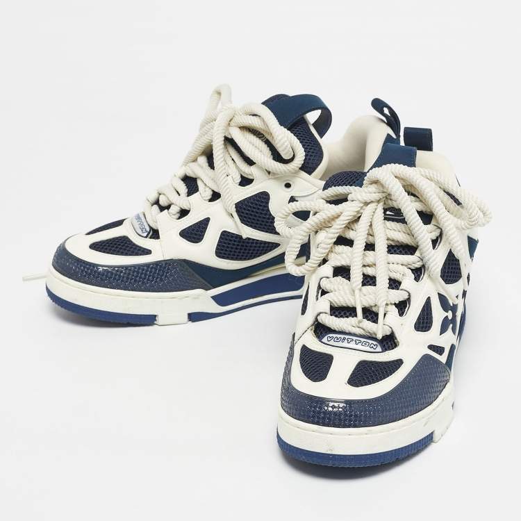 Pre Owned Louis Vuitton Blue and White Fabric and Leather LV Skate Lace Up Sneakers Size 41.5