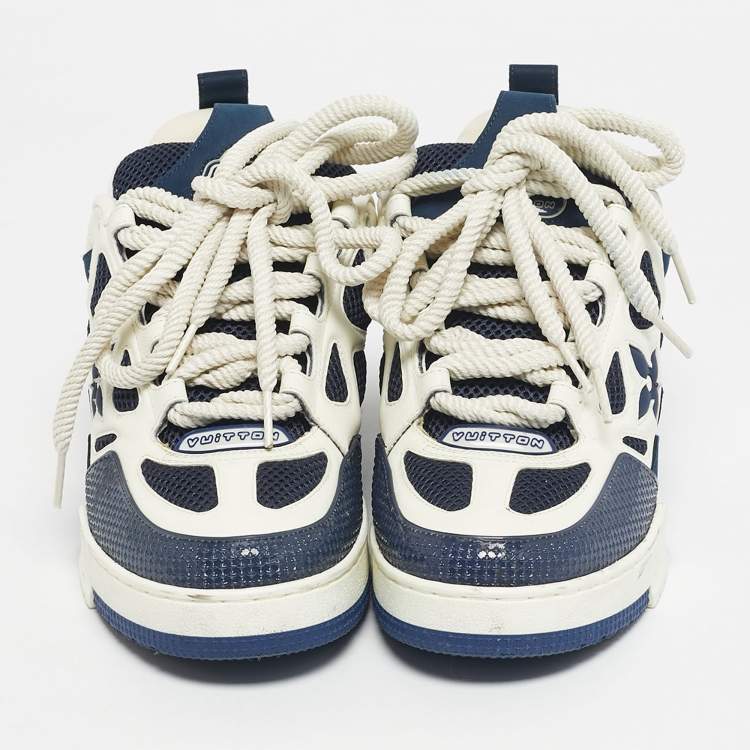 Pre Owned Louis Vuitton Blue and White Fabric and Leather LV Skate Lace Up Sneakers Size 41.5