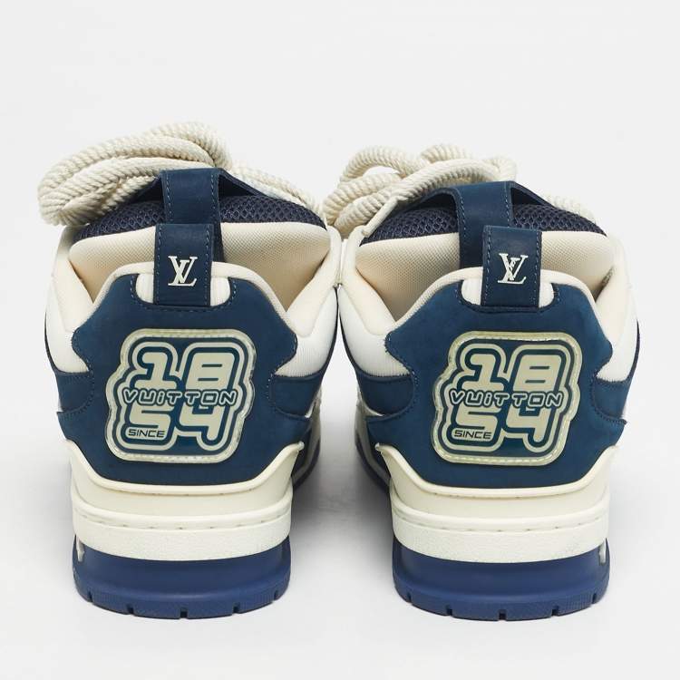 Pre Owned Louis Vuitton Blue and White Fabric and Leather LV Skate Lace Up Sneakers Size 41.5