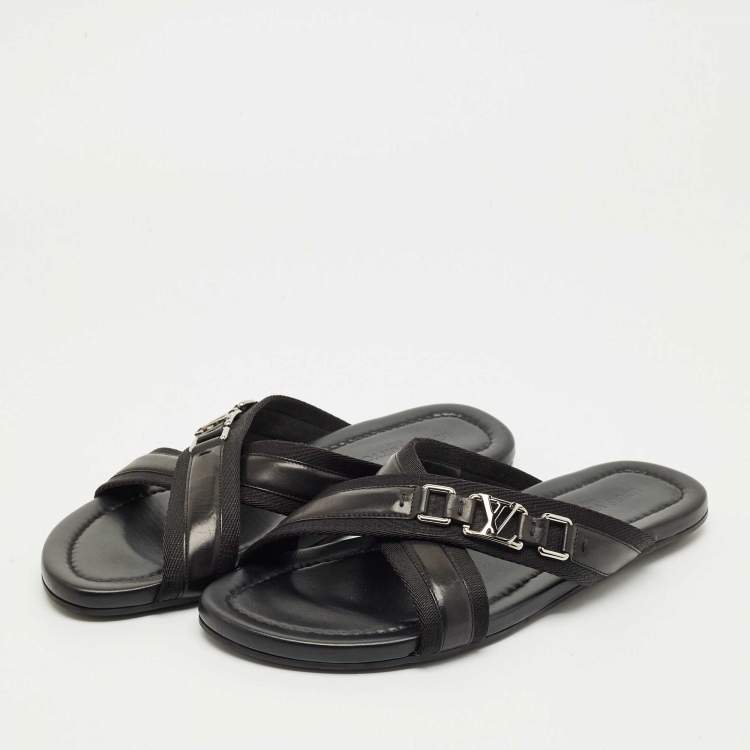 Pre Owned Louis Vuitton Black Canvas and Leather Crisscross Flat Slides Size 45