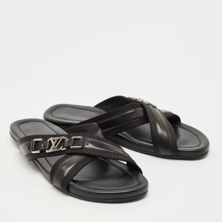 Pre Owned Louis Vuitton Black Canvas and Leather Crisscross Flat Slides Size 45