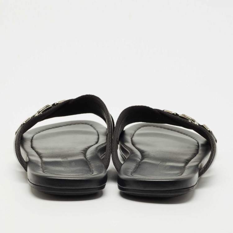 Pre Owned Louis Vuitton Black Canvas and Leather Crisscross Flat Slides Size 45