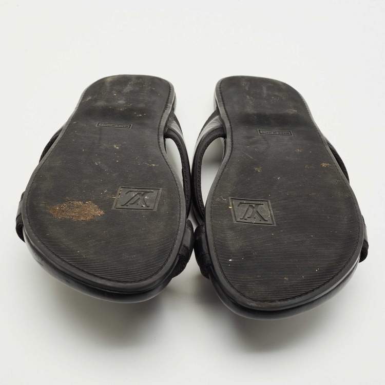 Pre Owned Louis Vuitton Black Canvas and Leather Crisscross Flat Slides Size 45