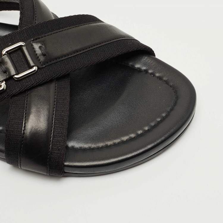 Pre Owned Louis Vuitton Black Canvas and Leather Crisscross Flat Slides Size 45