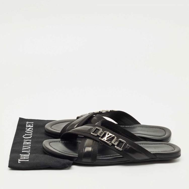 Pre Owned Louis Vuitton Black Canvas and Leather Crisscross Flat Slides Size 45