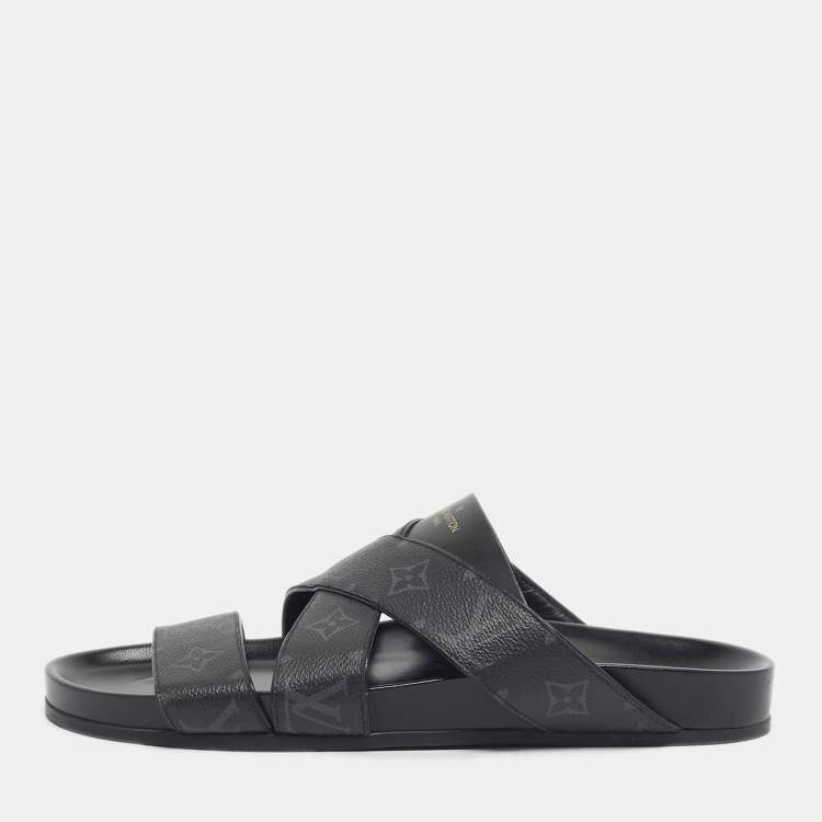 Pre Owned Louis Vuitton Black Monogram Canvas and Leather Mirabeau Flat Slides Size 42