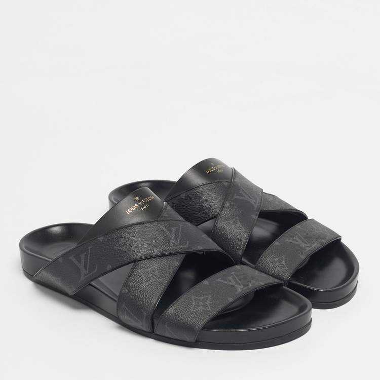 Pre Owned Louis Vuitton Black Monogram Canvas and Leather Mirabeau Flat Slides Size 42