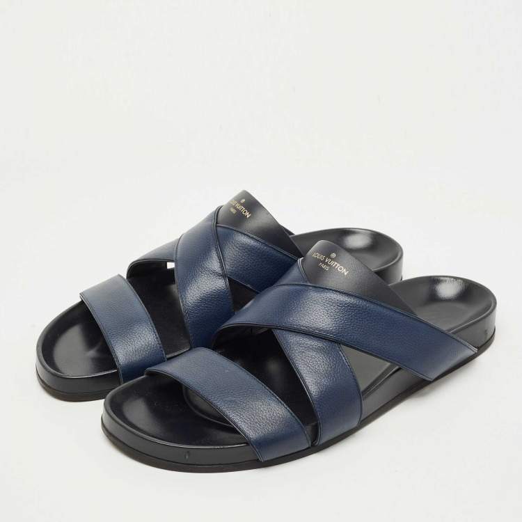 Pre Owned Louis Vuitton Navy Blue Canvas and Leather Mirabeau Flat Slides Size 45