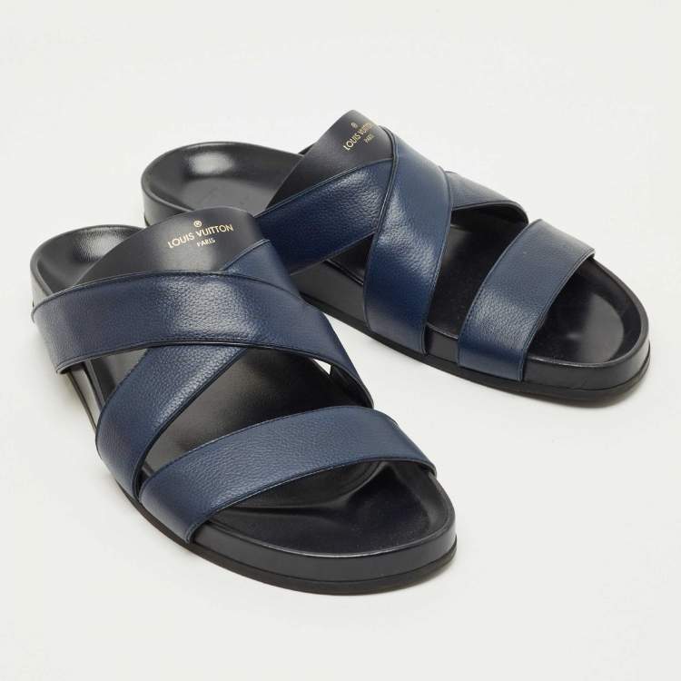 Pre Owned Louis Vuitton Navy Blue Canvas and Leather Mirabeau Flat Slides Size 45