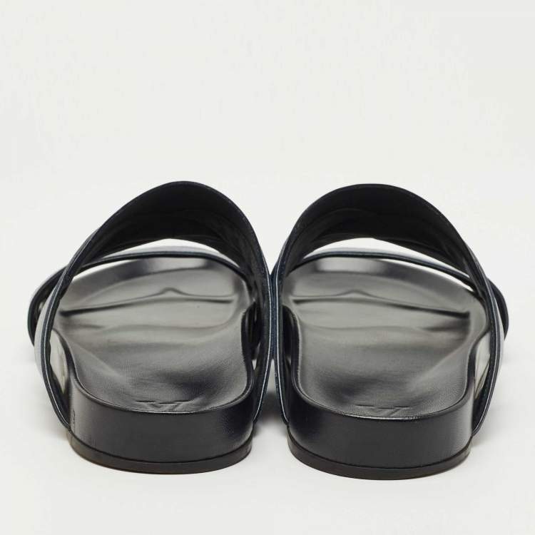 Pre Owned Louis Vuitton Navy Blue Canvas and Leather Mirabeau Flat Slides Size 45