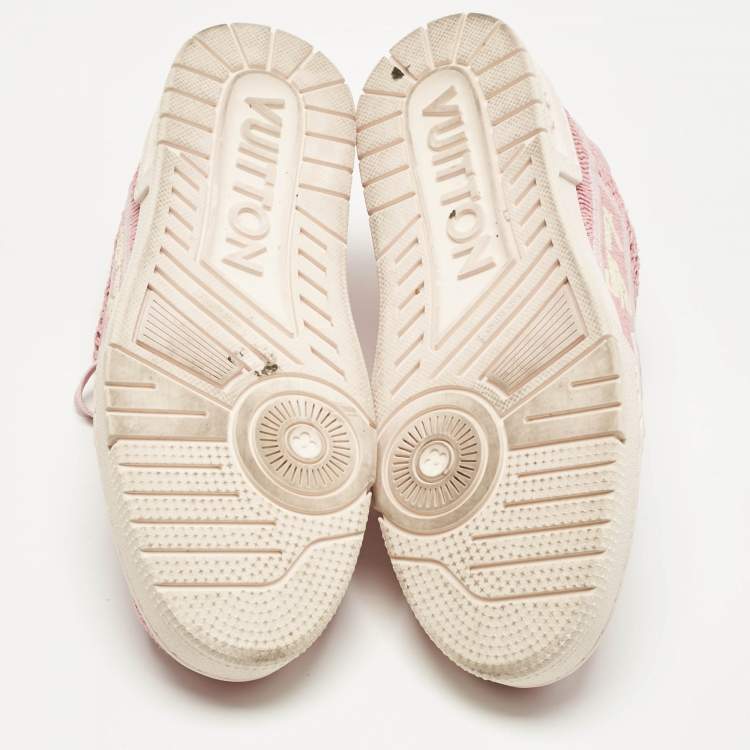 Pre Owned Louis Vuitton Pink Knit Fabric and Raffia LV Trainer Lace Up Sneakers Size 40
