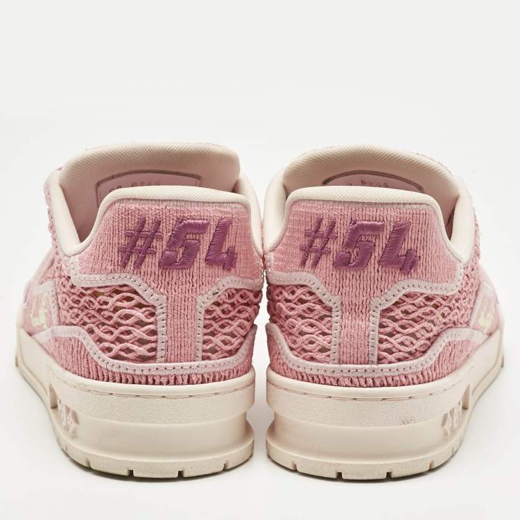Pre Owned Louis Vuitton Pink Knit Fabric and Raffia LV Trainer Lace Up Sneakers Size 40