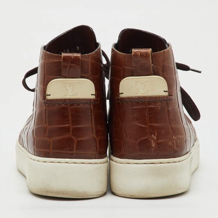 Pre Owned Louis Vuitton Brown Croc Embossed Leather Front Row High Top Sneakers Size 41