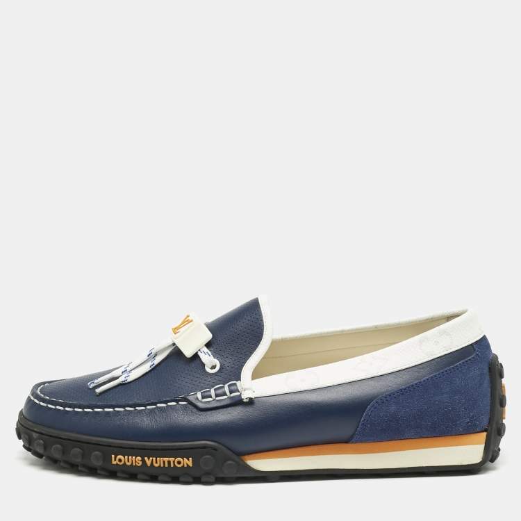 Pre Owned Louis Vuitton Blue/White Suede and Leather Racer Loafers Size 41