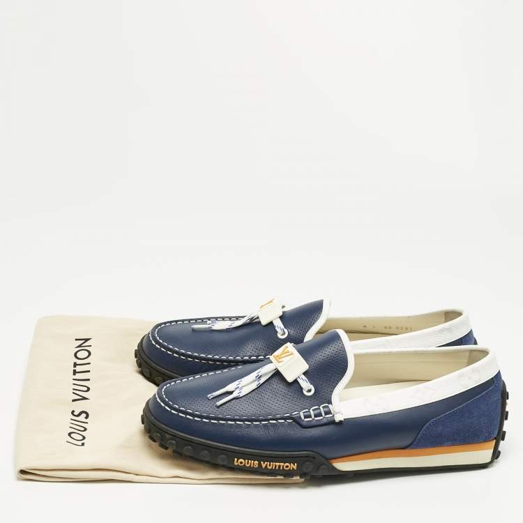Pre Owned Louis Vuitton Blue/White Suede and Leather Racer Loafers Size 41