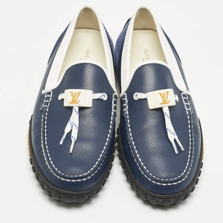 Pre Owned Louis Vuitton Blue/White Suede and Leather Racer Loafers Size 41