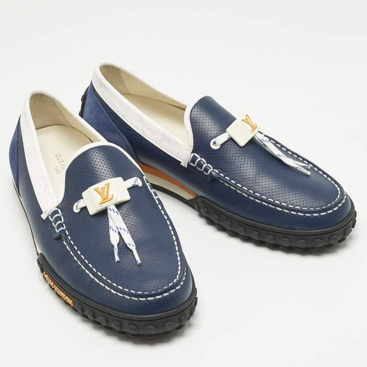 Pre Owned Louis Vuitton Blue/White Suede and Leather Racer Loafers Size 41
