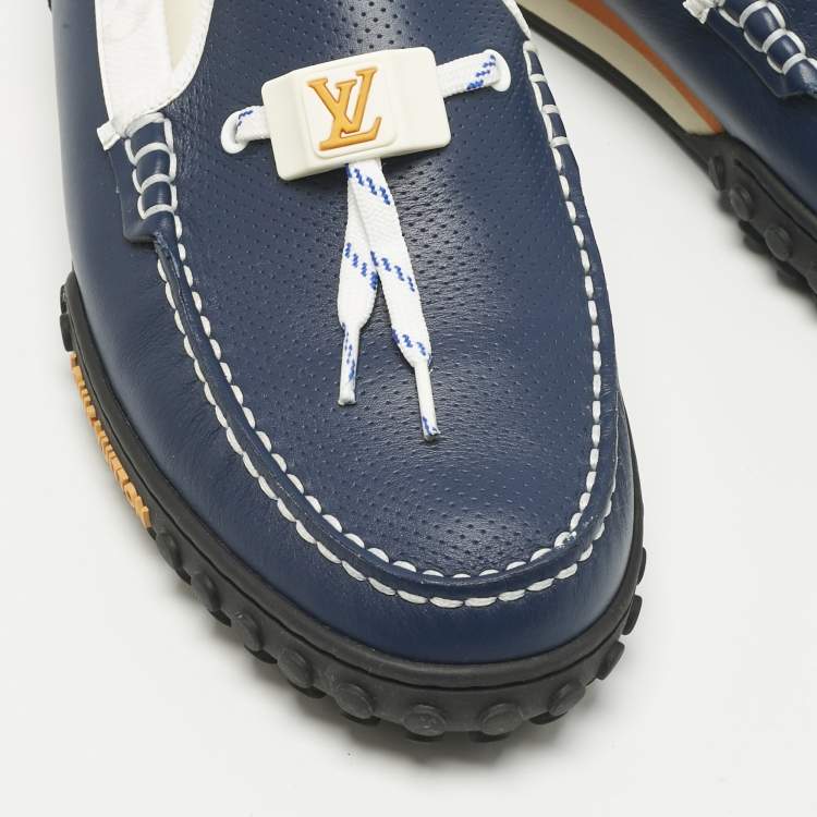 Pre Owned Louis Vuitton Blue/White Suede and Leather Racer Loafers Size 41