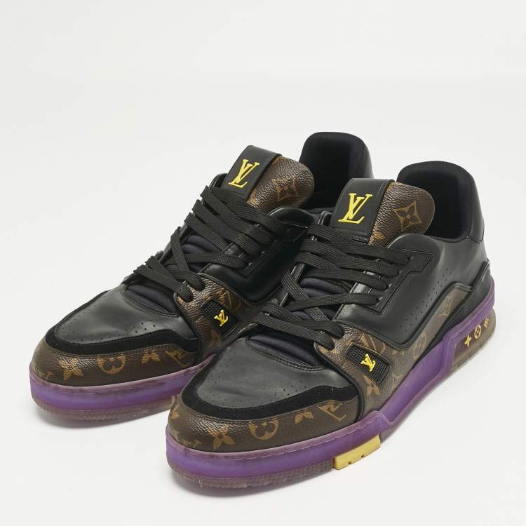 Pre Owned Louis Vuitton Black Leather and Monogram Canvas LV Trainer Sneakers Size 45