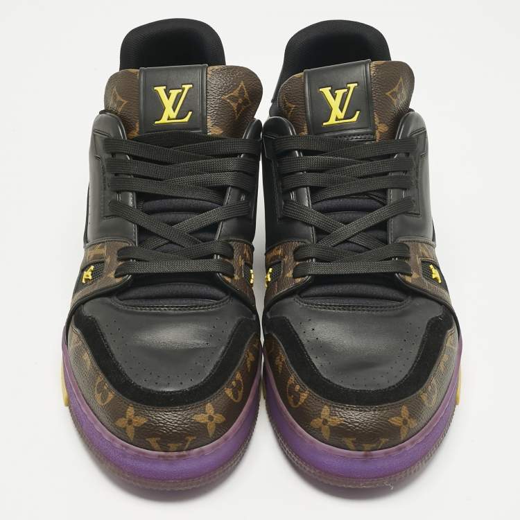 Pre Owned Louis Vuitton Black Leather and Monogram Canvas LV Trainer Sneakers Size 45