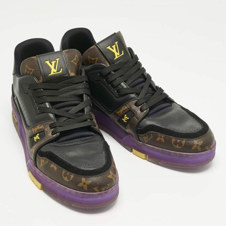 Pre Owned Louis Vuitton Black Leather and Monogram Canvas LV Trainer Sneakers Size 45