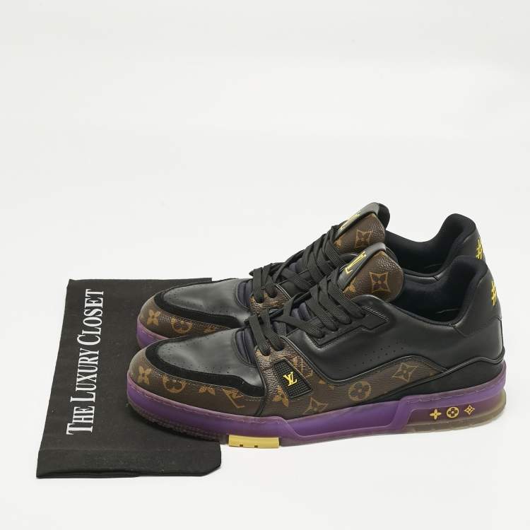 Pre Owned Louis Vuitton Black Leather and Monogram Canvas LV Trainer Sneakers Size 45